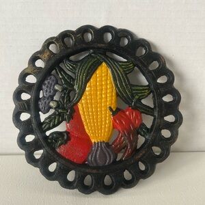 Vintage Cast Iron Enamel Trivet with Vegetables